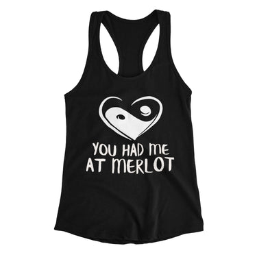 Racerback Shirt with heart yin yang symbol and text 'you had me at merlot,' designed by WooHoo Apparel.